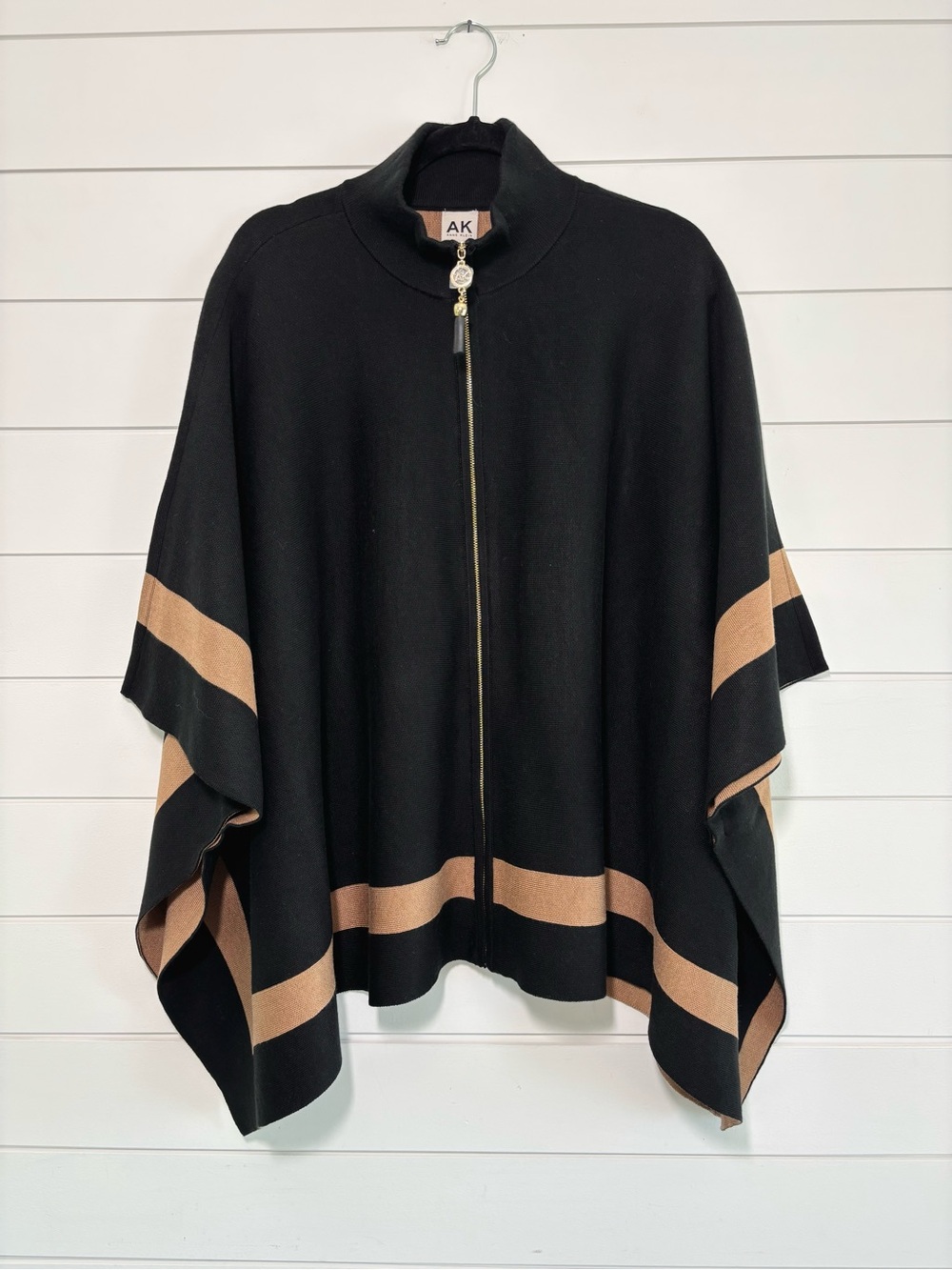 ANNE‎ KLEIN Black & Tan Zip-Front Poncho Sweater Size XL